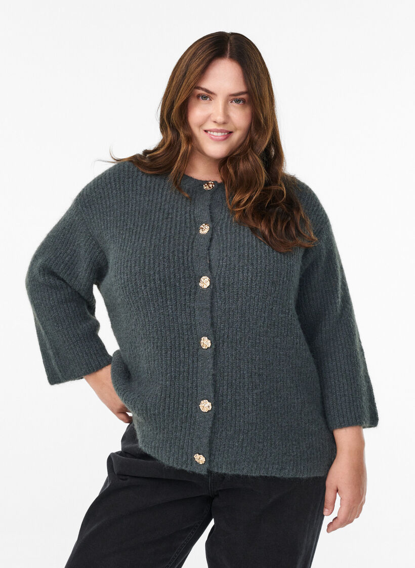 Kurzer Cardigan mit 3/4-Ärmeln und goldenen, strukturierten Knöpfen, Grün, Model image number 0