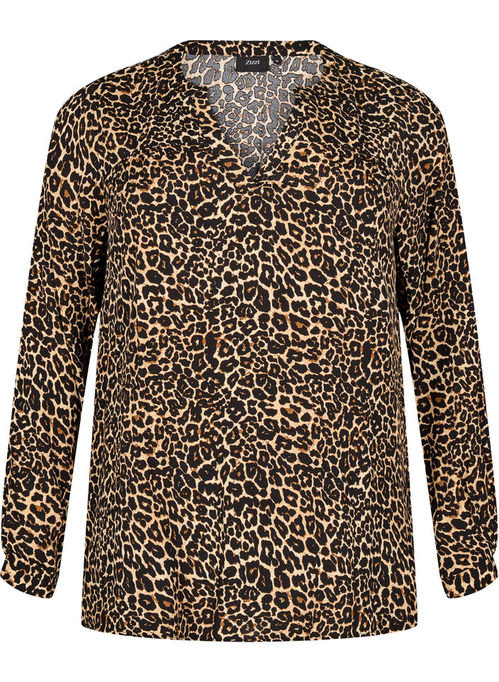 Langärmelige Bluse mit Leopardenmuster und V-Ausschnitt, Braun, Packshot image number 0