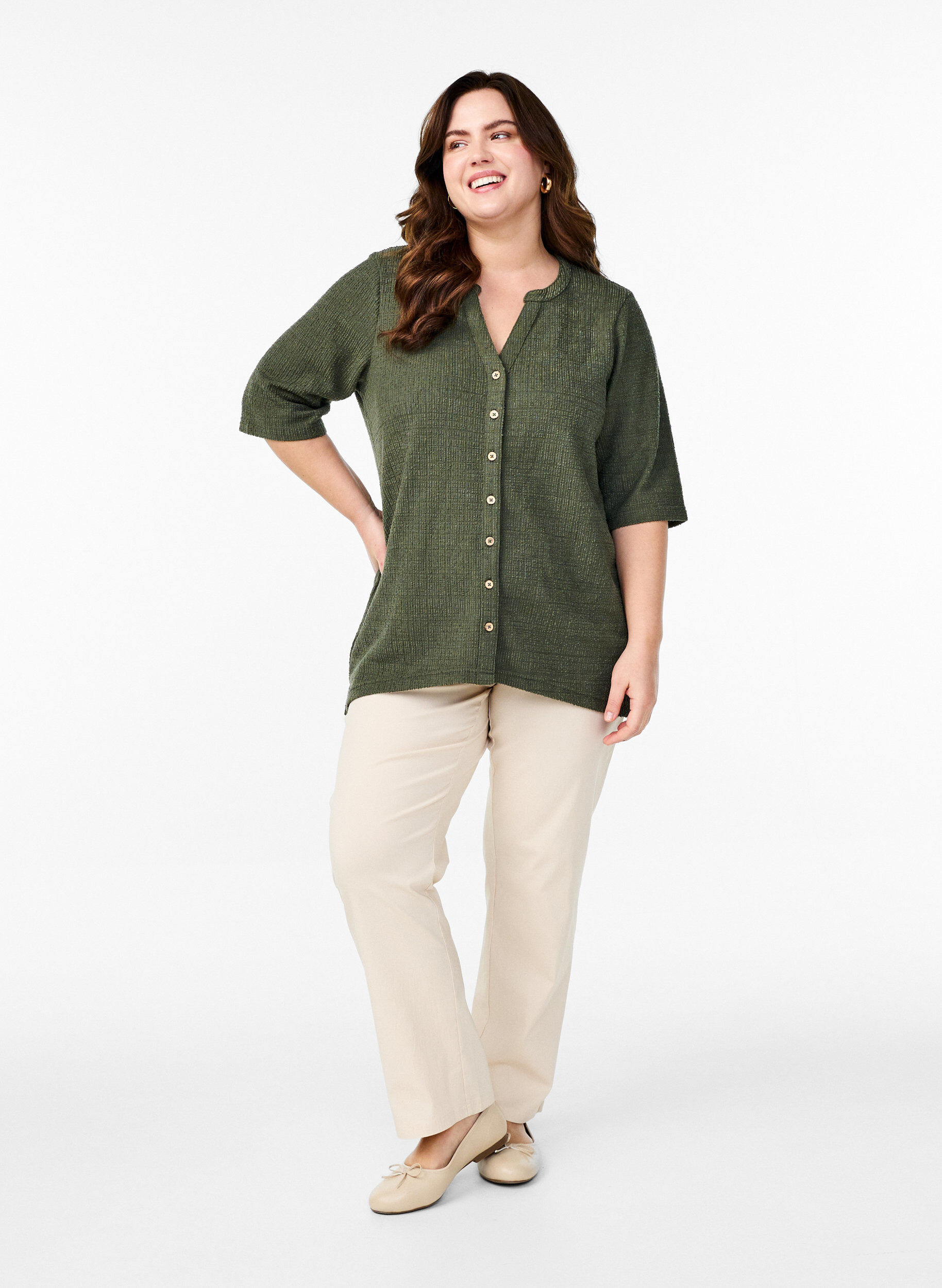 ZizziBluse mit Struktur und V-Ausschnitt, Thyme, Model image number 2