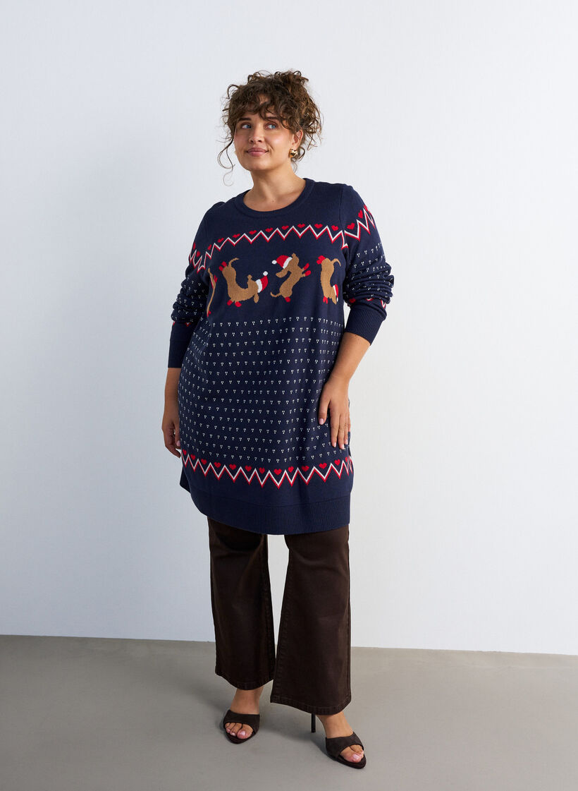 Kurzes Strickkleid mit Weihnachtsmotiv, Blau, Model image number 1