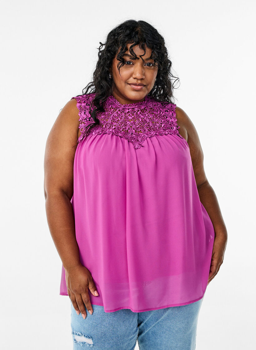 Ärmelloses Party-Top mit Häkelarbeit, Lila, Model image number 0