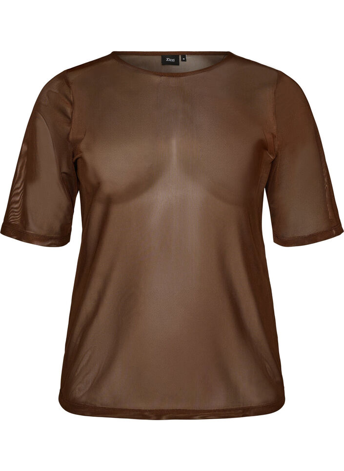 Top aus Mesh mit kurzen &Auml;rmeln und Rundhalsausschnitt, Braun, Packshot image number 0