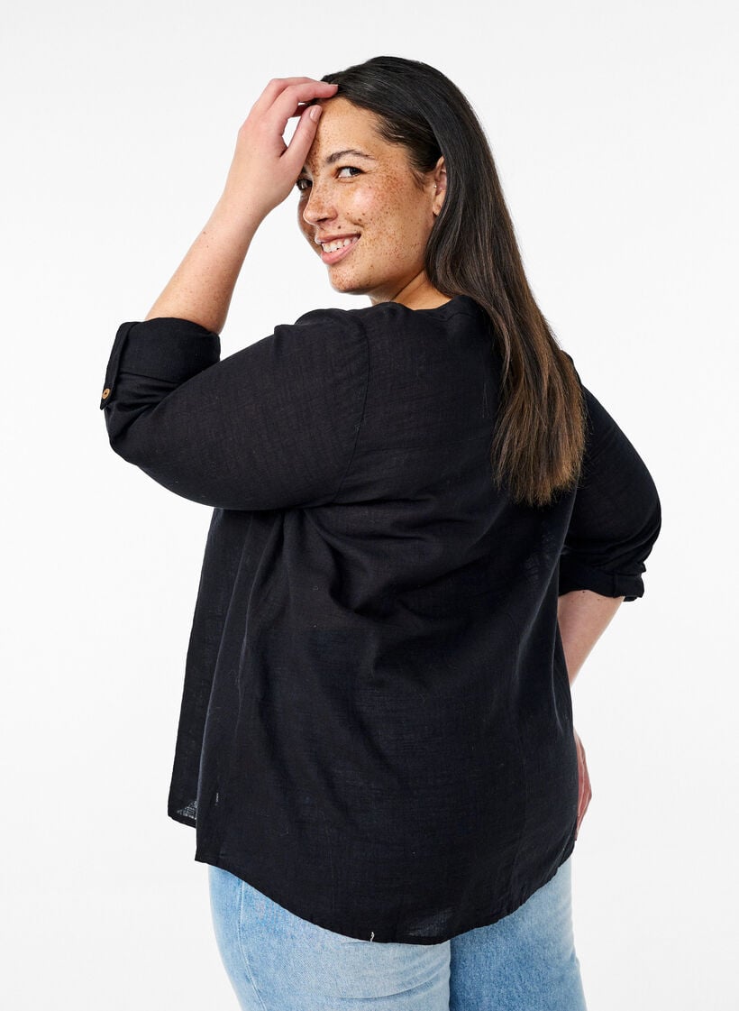 Baumwollbluse mit V-Ausschnitt, Schwarz, Model image number 2
