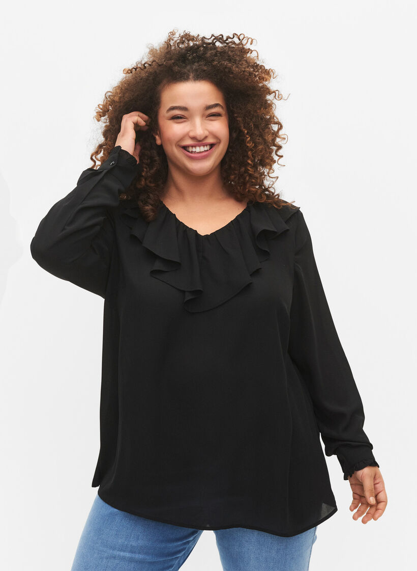 Langärmelige Rüschenbluse, Black, Model image number 0