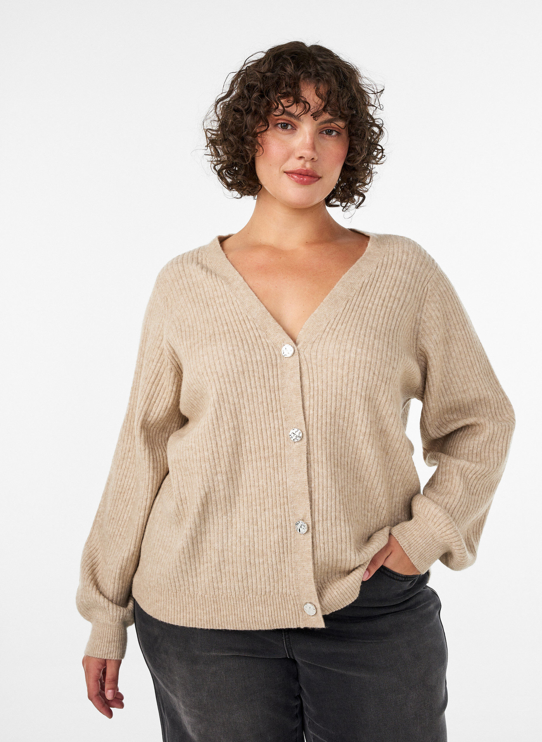 ZizziStrickjacke mit V-Ausschnitt und Rippstruktur, Beige, Model image number 0
