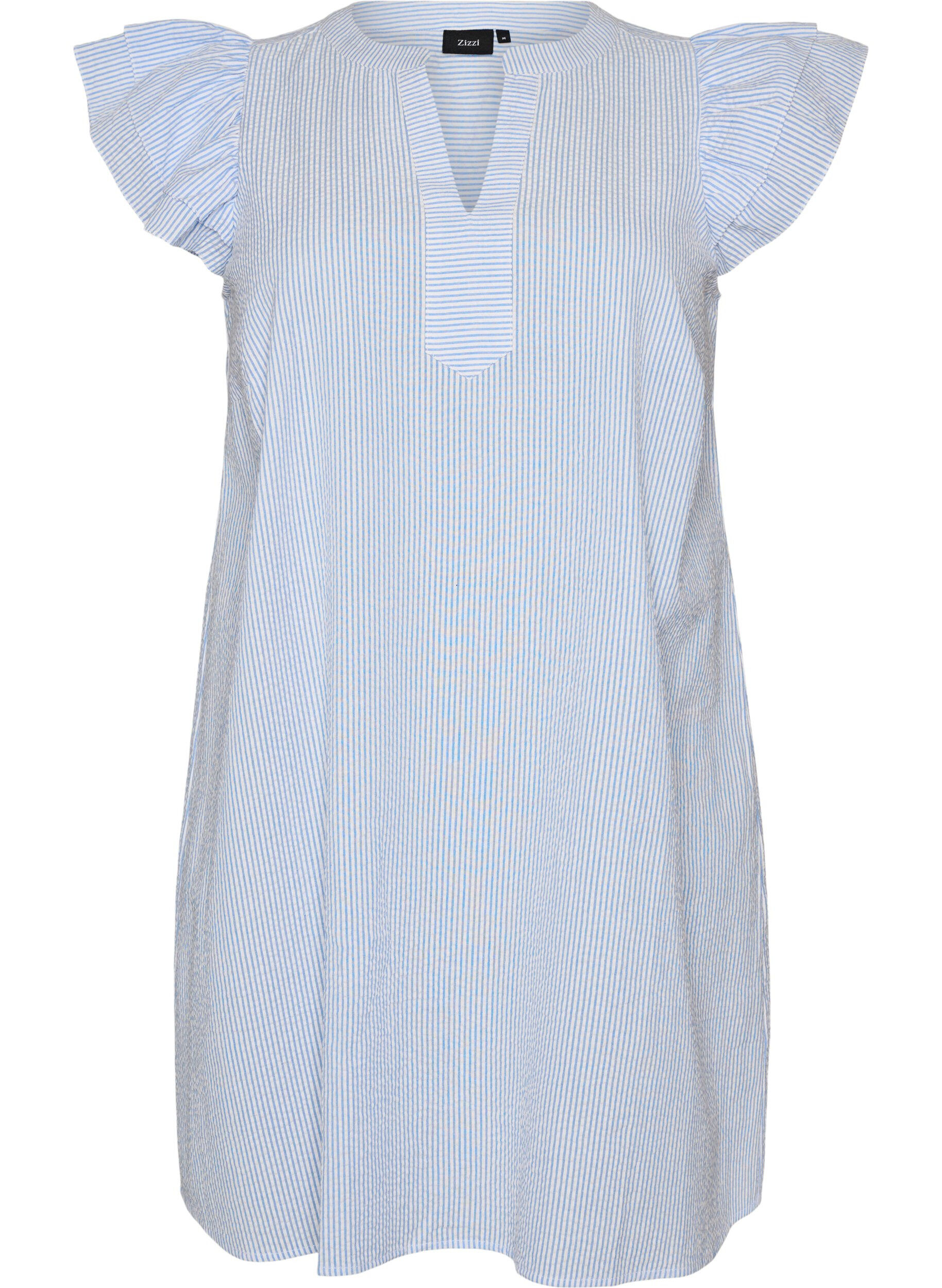 Gestreiftes Kleid aus Baumwolle mit R&uuml;schen und A-Linien-Schnitt