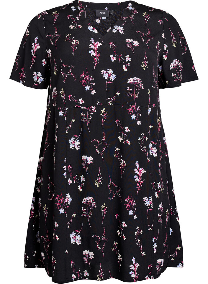 Kurzes Kleid mit Blumendruck, Schwarz, Packshot image number 0