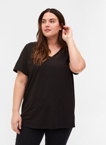 Kurzarm T-Shirt mit V-Ausschnitt und Mesh, Black, Model image number 0