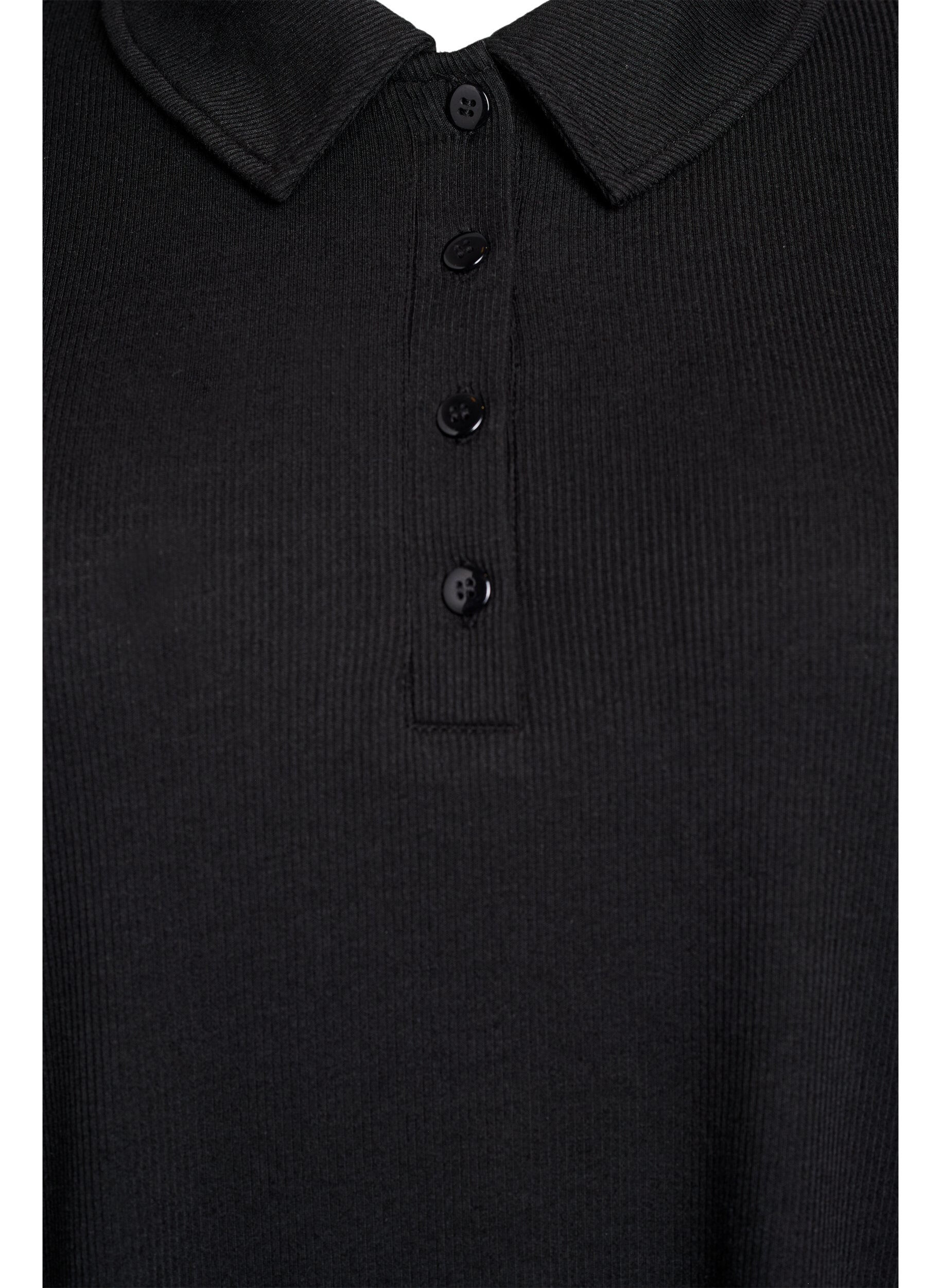 ZizziLang&auml;rmliges Poloshirt aus dehnbarem Rippmaterial, Schwarz, Packshot image number 2