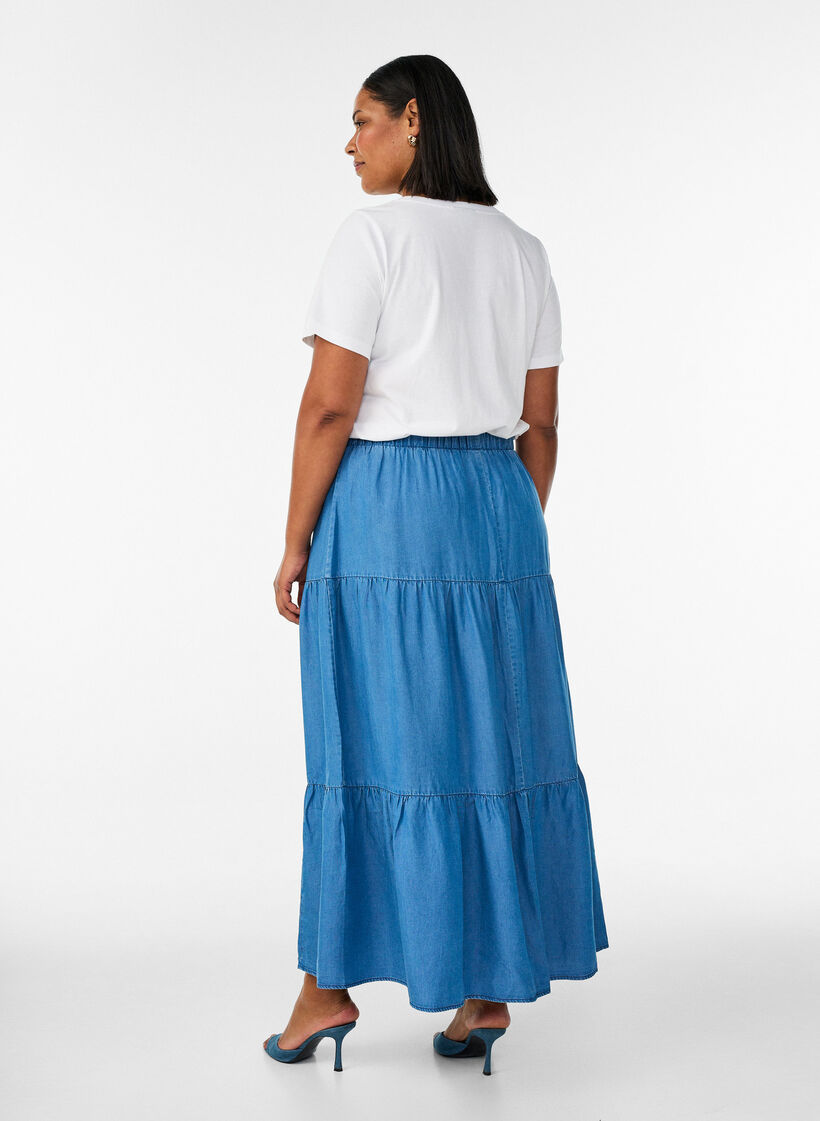 Maxirock aus Denim mit R&uuml;schen, Blau, Model image number 1