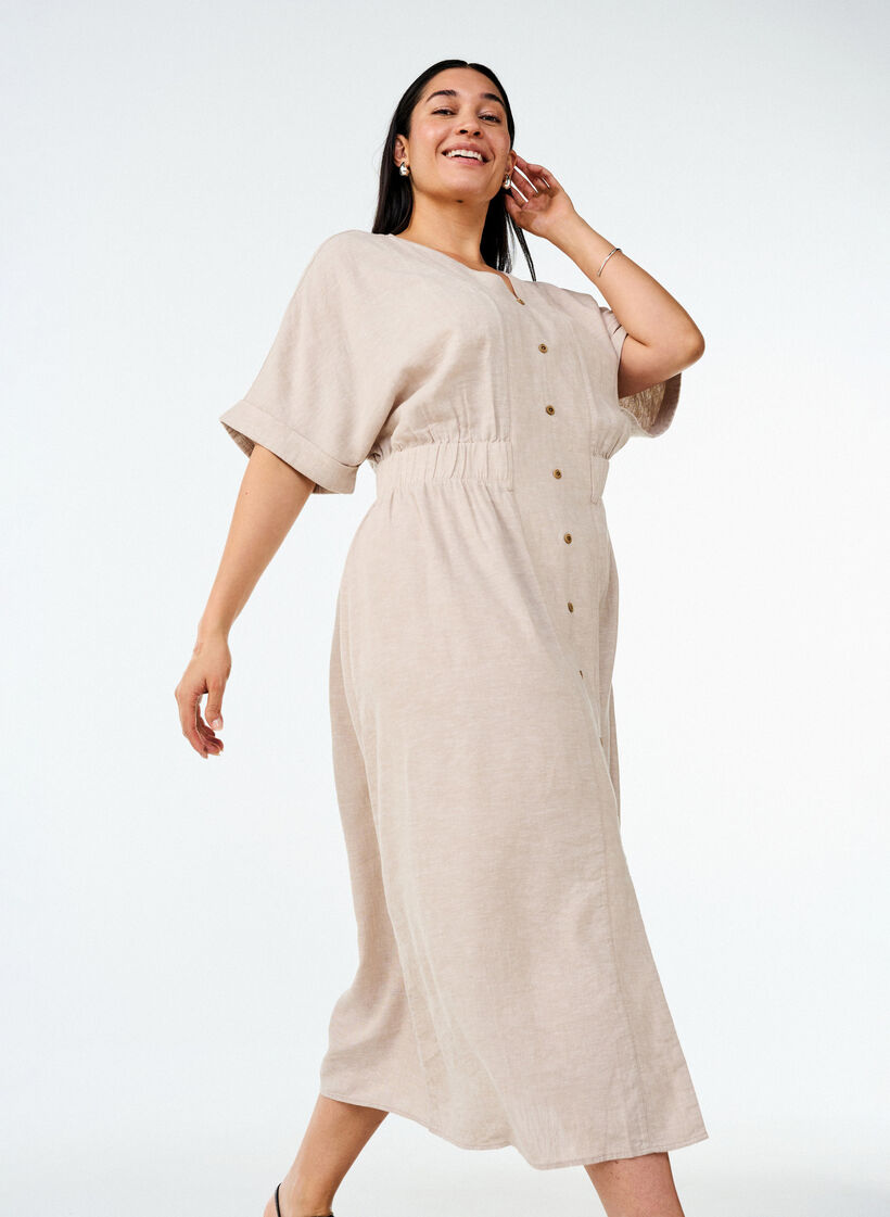Midikleid aus Leinen und Viskose mit vorderen Schlitzen, Beige, Image image number 0