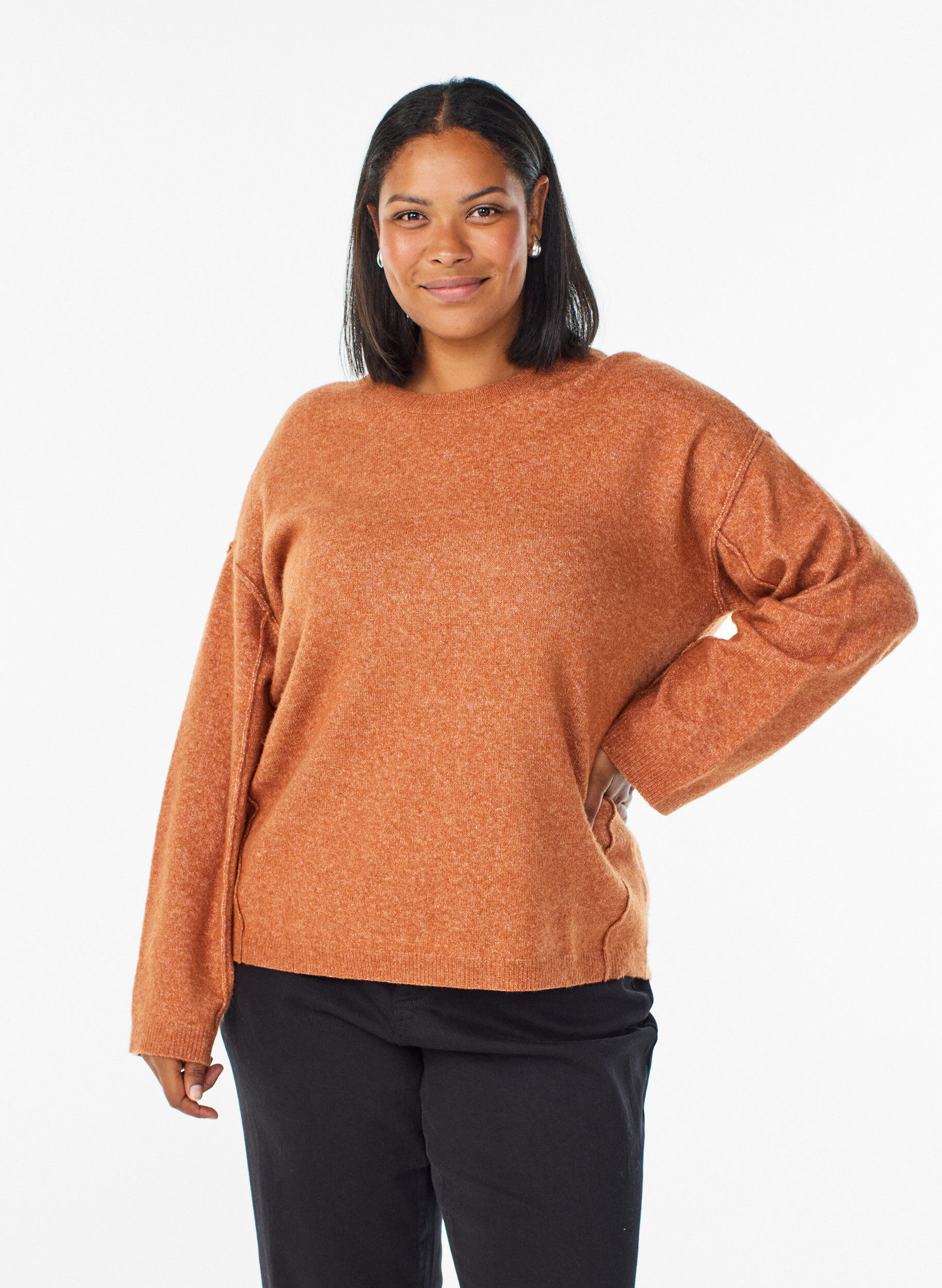 ZizziLockerer Strickpullover mit Kontrastn&auml;hten, Orange, Model image number 0