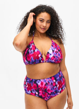 Bikinihose mit Aufdruck und hoher Taille, Pink Flower AOP, Model image number 0