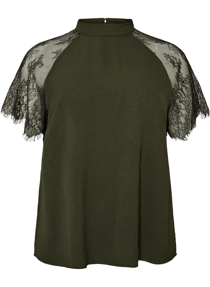 Bluse mit kurzen &Auml;rmeln aus Spitze und hohem Kragen, Gr&uuml;n, Packshot image number 0