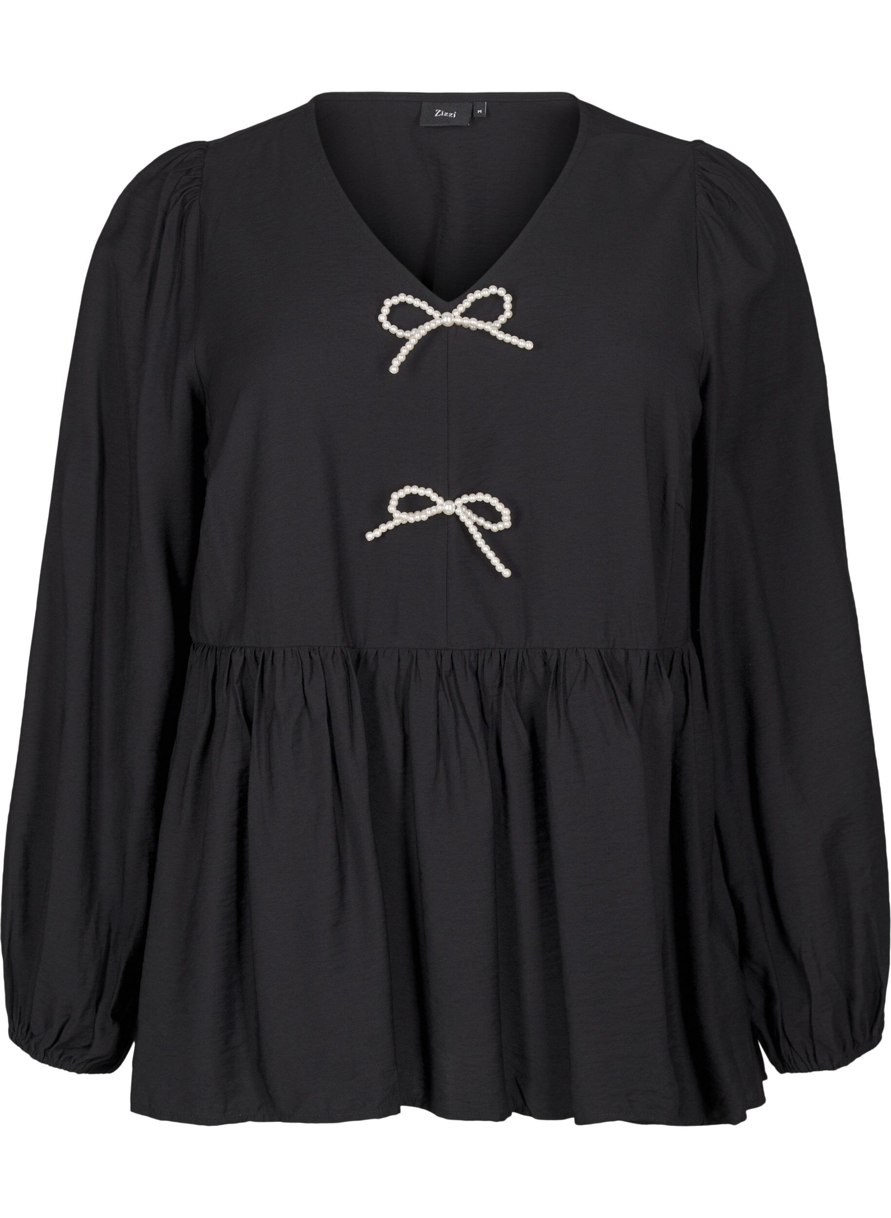 ZizziBluse mit Perlenschleifen und langen &Auml;rmeln, Black, Packshot image number 0