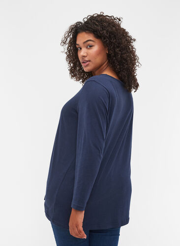 Langarm Bluse aus Baumwolle mit Mesh, Navy Blazer, Model image number 1