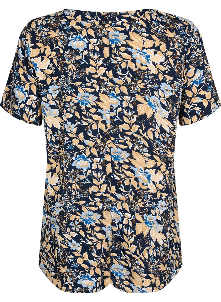 FLASH - Bluse mit kurzen &Auml;rmeln und Print, Brown Blue Flower, Packshot image number 1