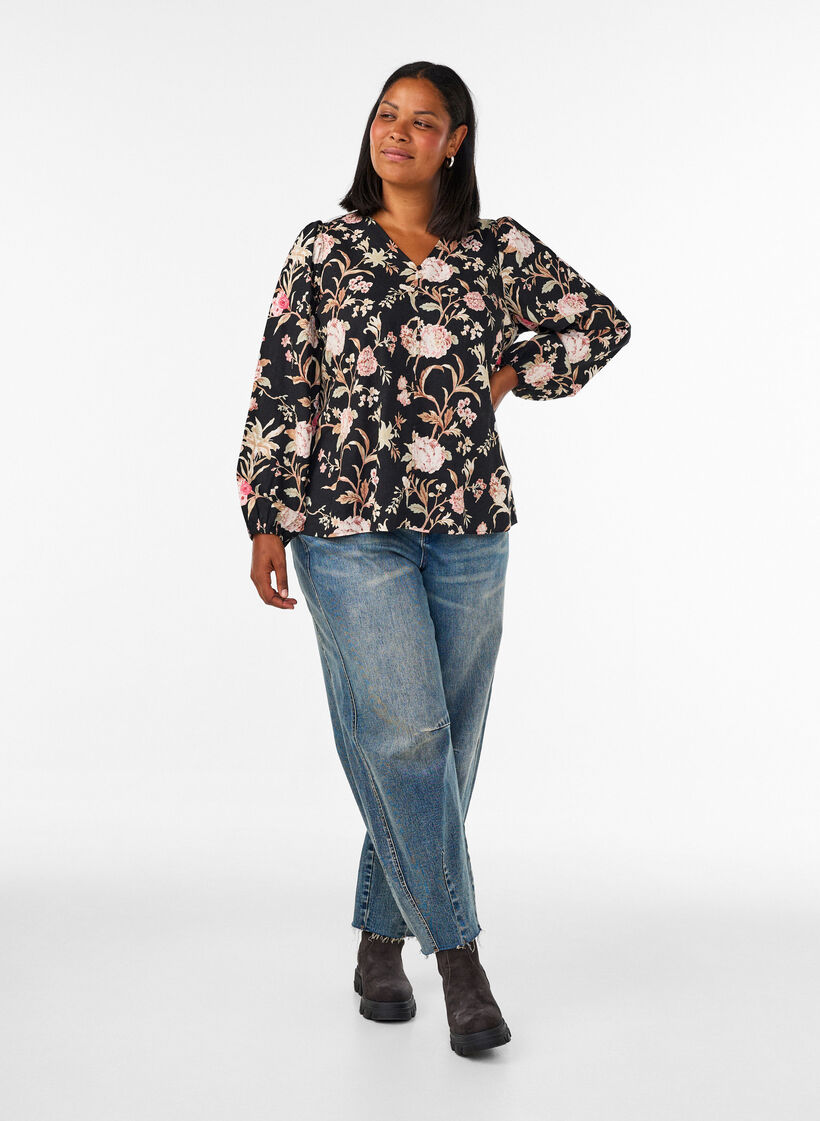 Gebl&uuml;mte Bluse aus Leinen und Viskose mit langen &Auml;rmeln, Schwarz, Model image number 1