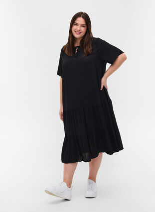 Kurzärmliges Viskose-Kleid mit Aufdruck, Black, Model image number 2