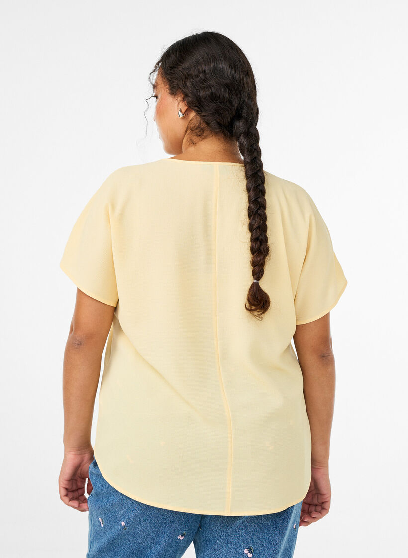 Bluse mit kurzen Ärmeln und Rundhalsausschnitt, Gelb, Model image number 2