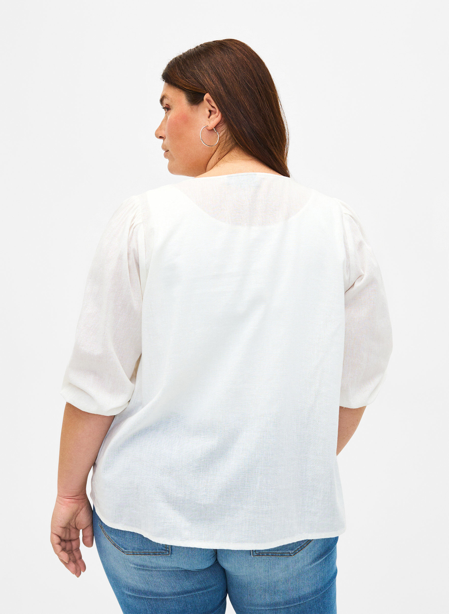 ZizziBaumwollbluse mit 3/4-&Auml;rmeln aus einer Baumwollmischung mit Leinen, Bright White, Model image number 1
