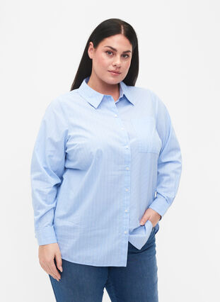 Gestreiftes Hemd aus Baumwollmischung, Blue w. White Stripe, Model image number 0