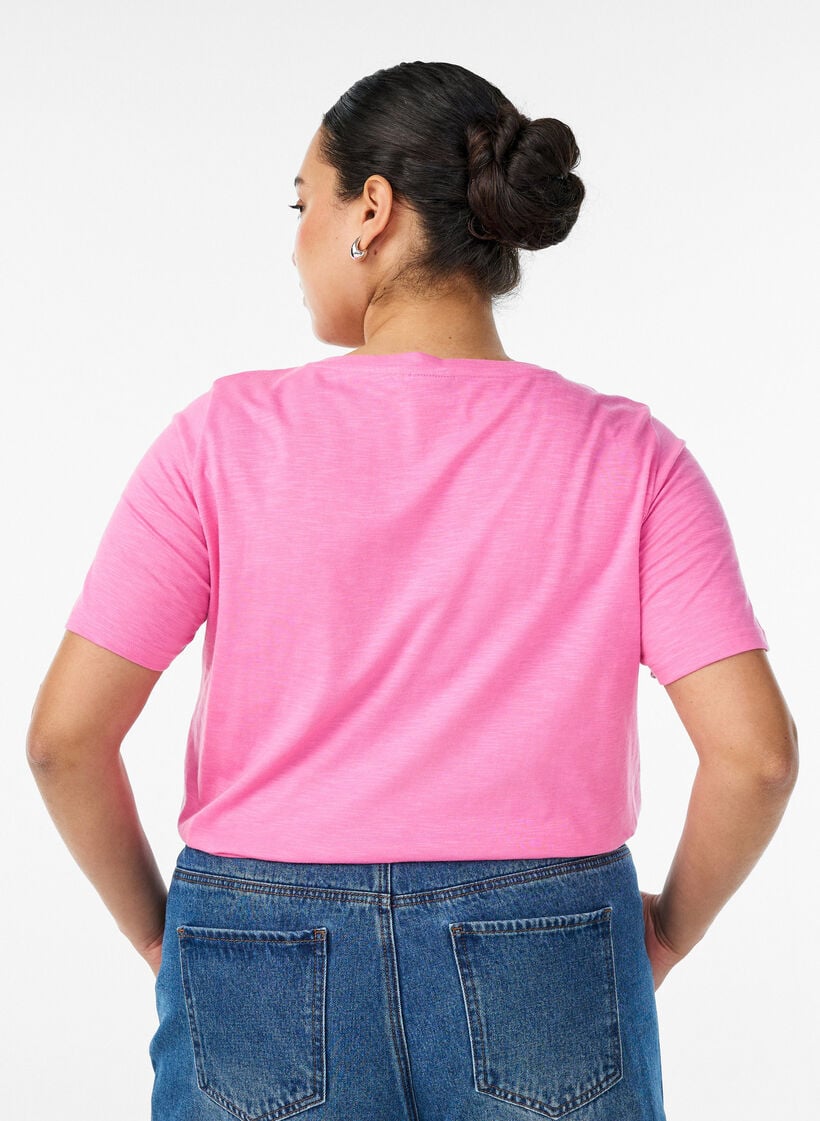 Kurz&auml;rmeliges Basic T-Shirt mit V-Ausschnitt, Pink, Model image number 2