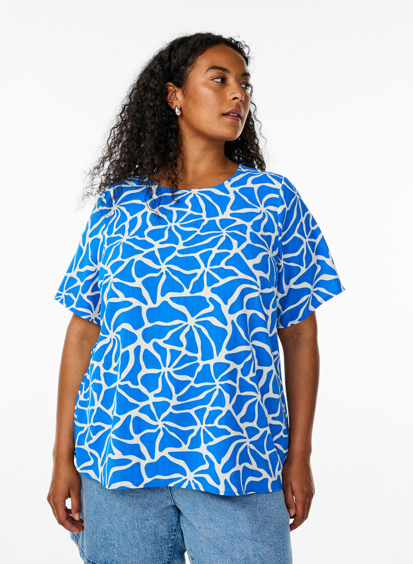 Kurzärmelige Bluse mit Rundhalsausschnitt, Blau, Model image number 0