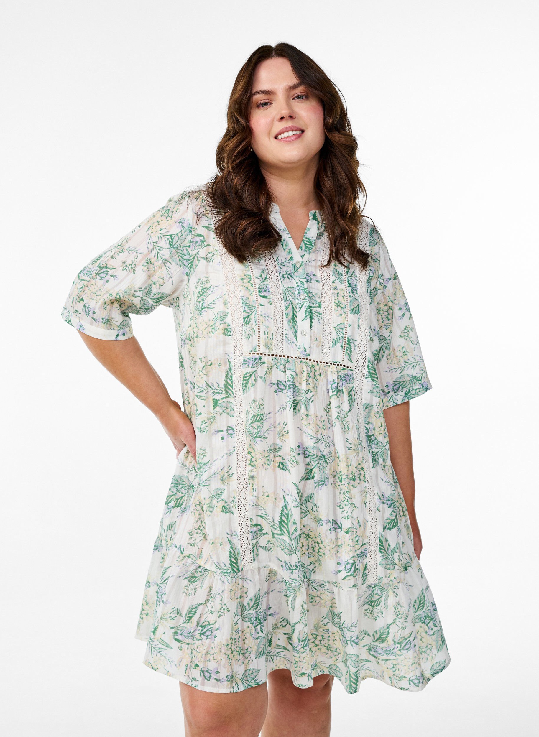 ZizziKurzes Viskosekleid mit Spitzenbesatz und A-Linien-Schnitt, Wei&szlig;, Model image number 0