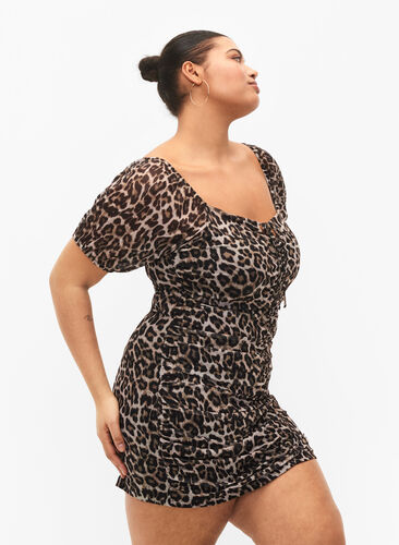Kurzes Kleid aus Mesh mit Leopardenprint, Leo, Model image number 2