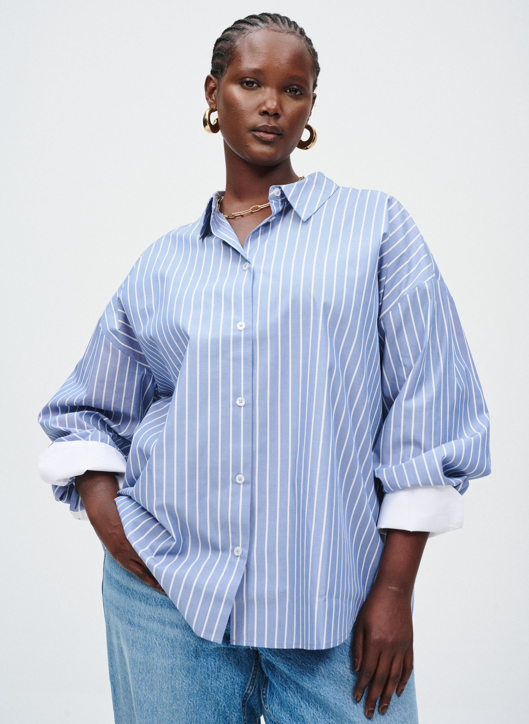 ZizziGestreiftes Hemd mit kontrastierenden &Auml;rmelb&uuml;ndchen, Blau, Image image number 0