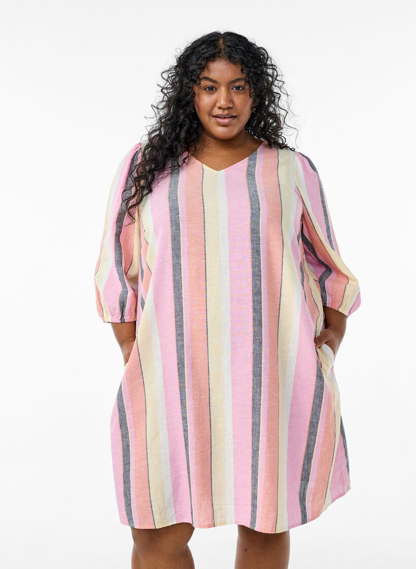 Kleid aus Leinen und Viskose mit 3/4-Ärmeln, Gelb, Model image number 0