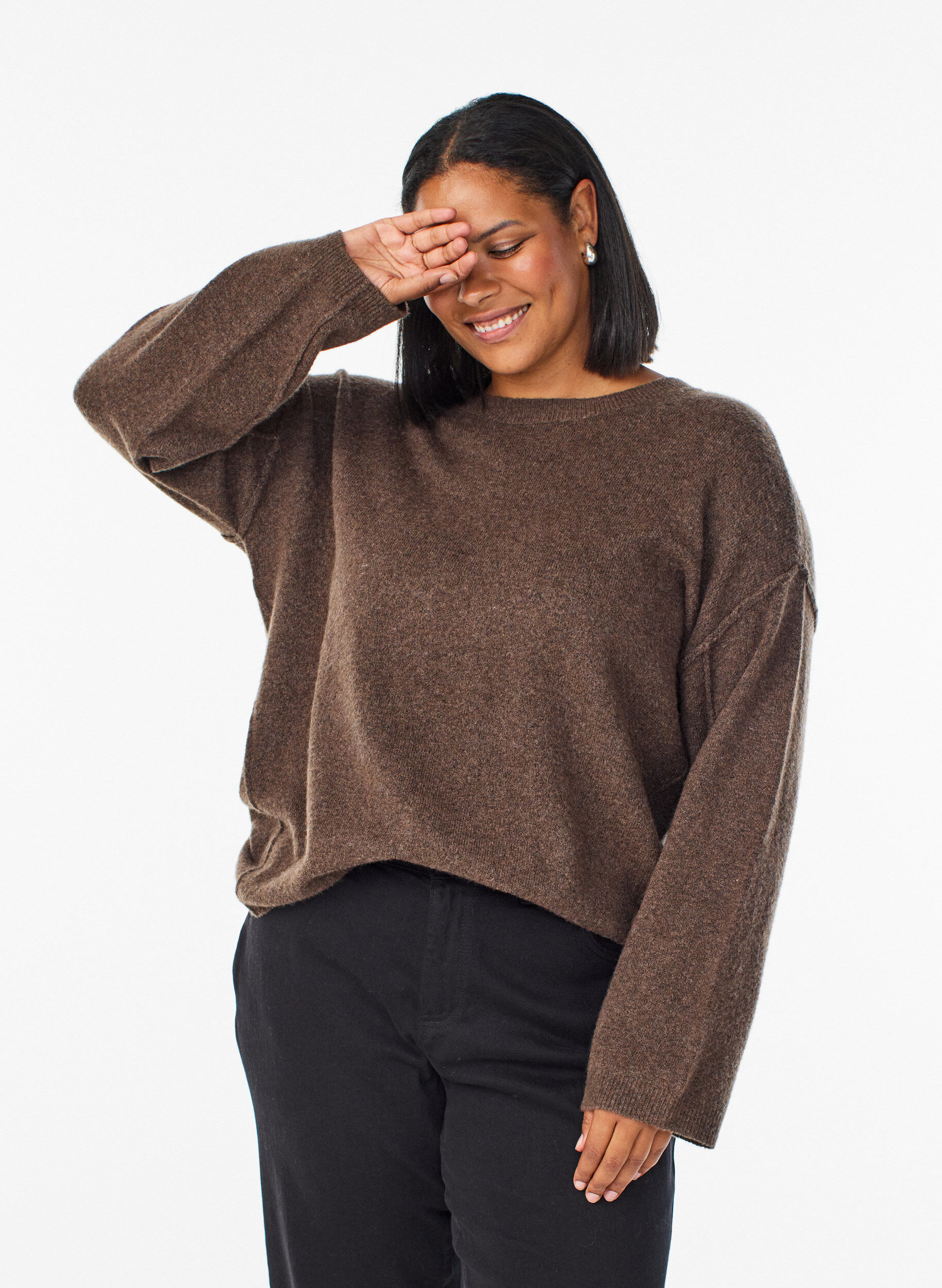 ZizziLockerer Strickpullover mit Kontrastn&auml;hten, Braun, Model image number 0