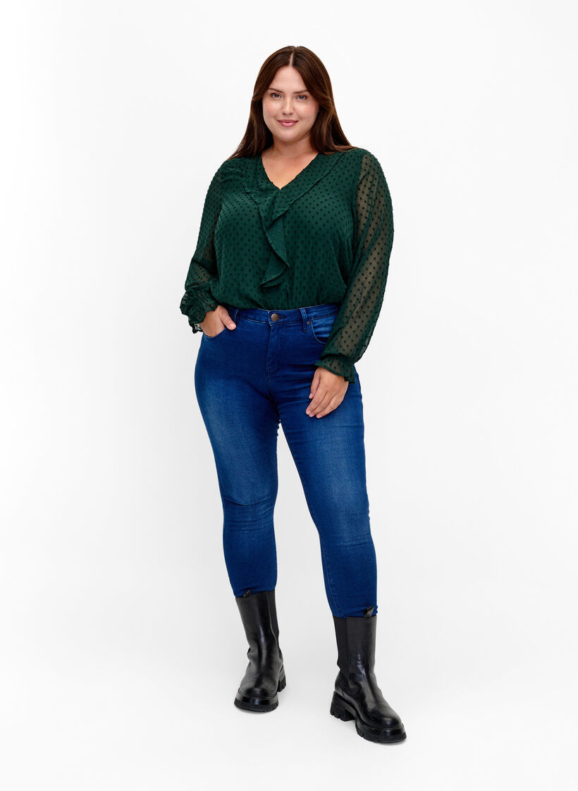 Bluse mit Rüschen und gepunkteter Textur, Scarab, Model image number 3