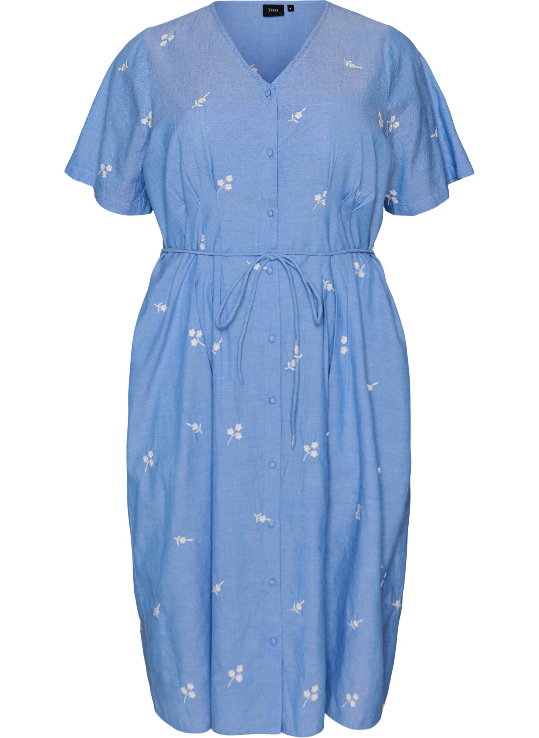 ZizziHemdblusenkleid aus Baumwolle mit gestickten Blumen, Blau, Packshot image number 0