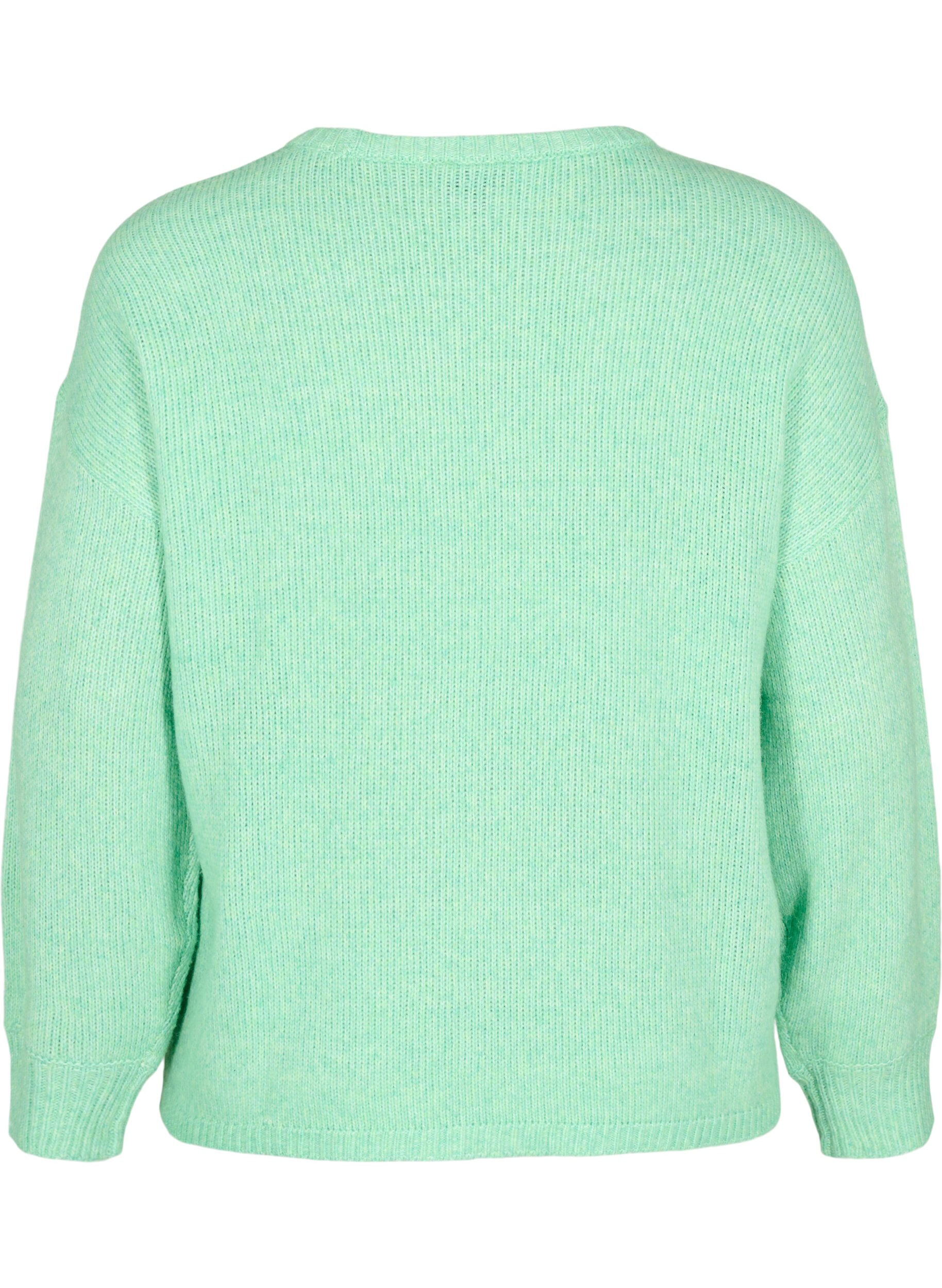 ZizziLang&auml;rmliger Strickpullover mit Wollanteil und Rundhalsausschnitt, Light G. Green Mel., Packshot image number 1