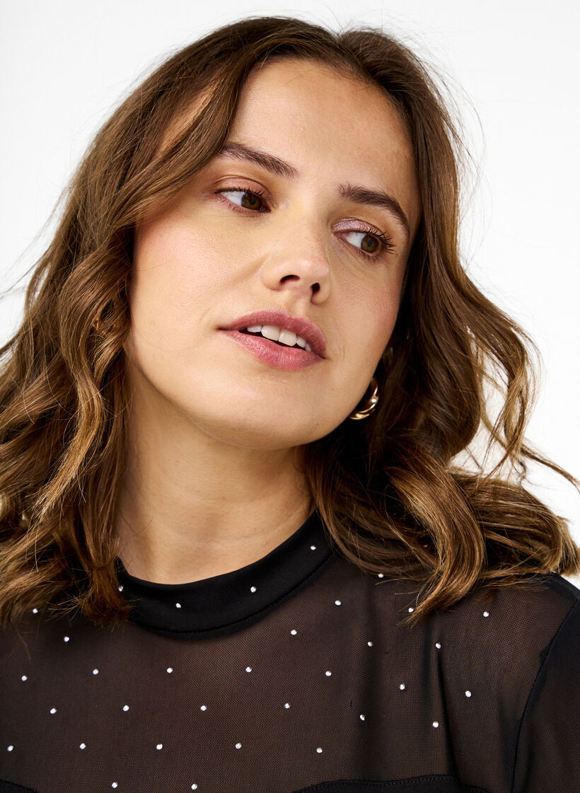 Body mit Nieten und langen Mesh-Ärmeln, Black, Image image number 0