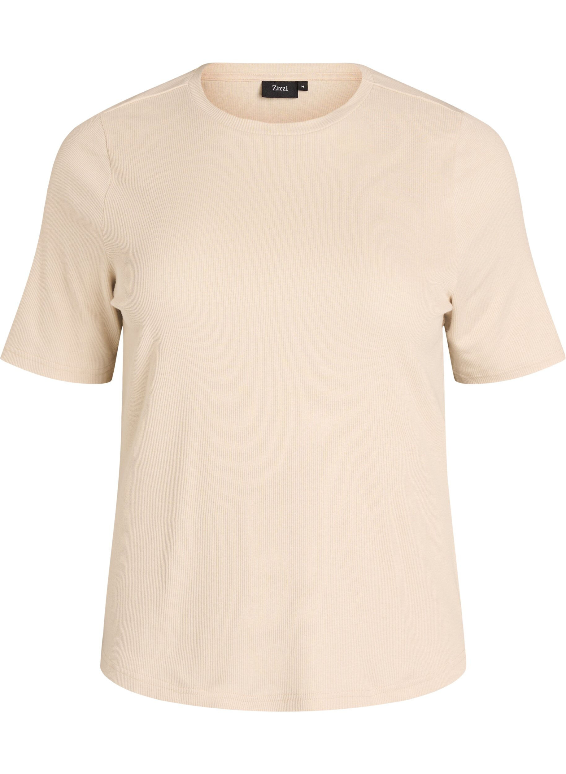 ZizziGeripptes Basic-T-Shirt mit Rundhalsausschnitt, Beige, Packshot image number 0