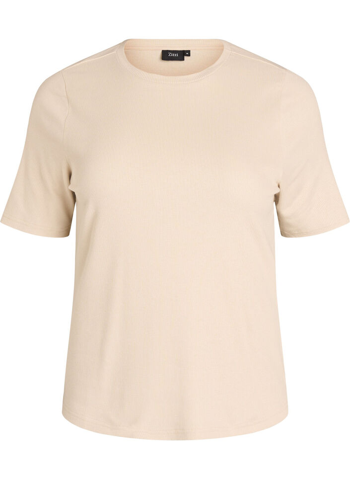 Geripptes Basic-T-Shirt mit Rundhalsausschnitt, Beige, Packshot image number 0