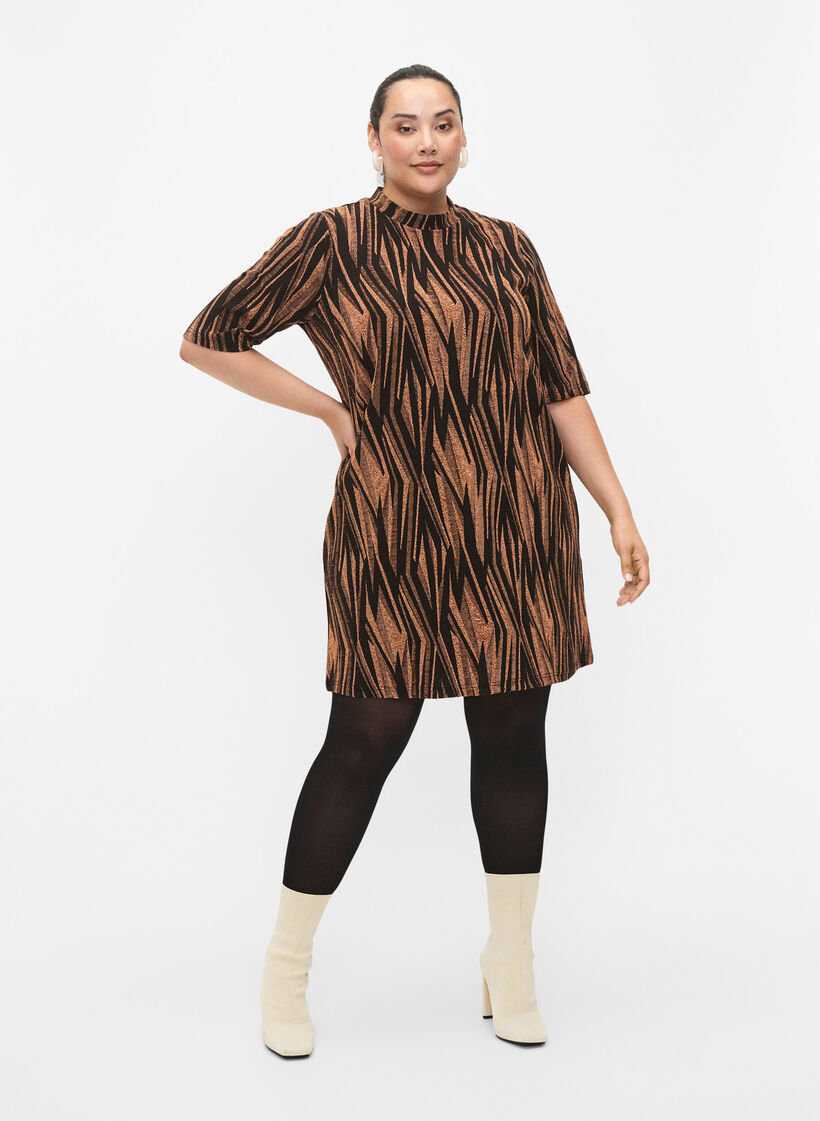 Gemustertes Kleid mit Glitzer und kurzen Ärmeln, Black w. Copper, Model image number 2