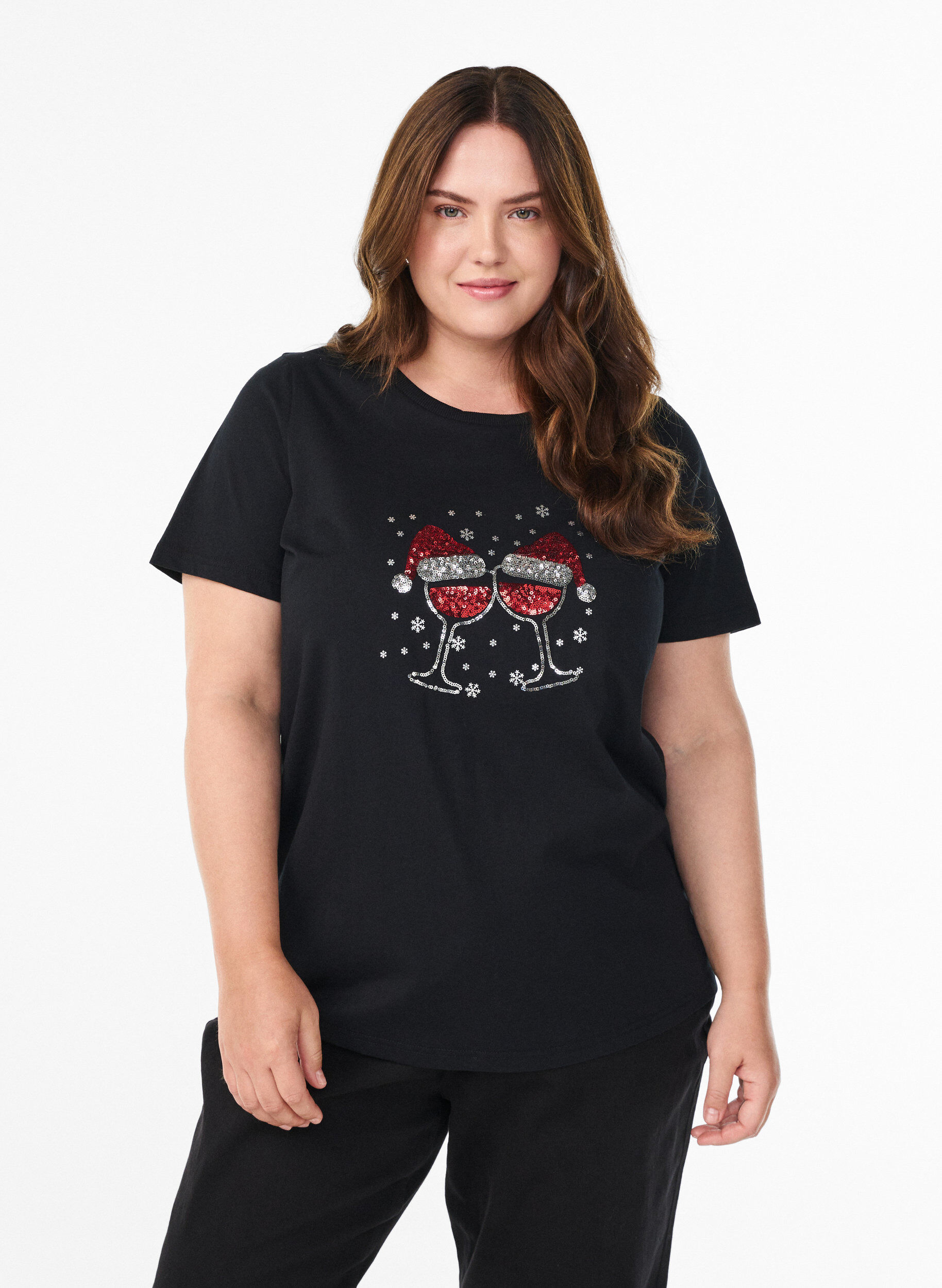 Weihnachts-T-Shirt aus Bio-Baumwolle, Schwarz, Model