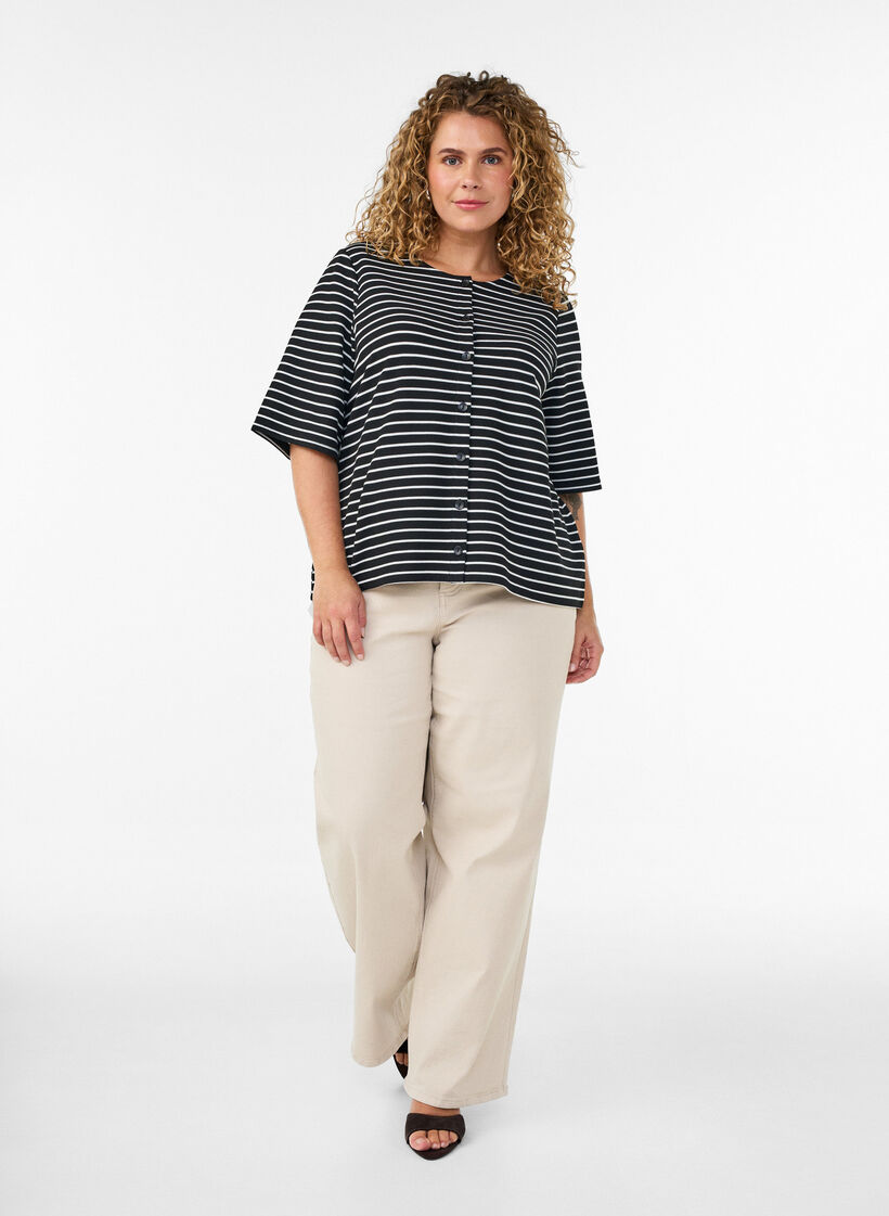 Bluse mit Rippstruktur und Knopfleiste, Schwarz, Model image number 1