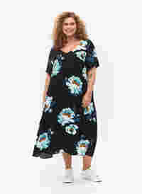 Blumiges Kleid mit kurzen Ärmeln aus Viskose, Black Big Flower, Model