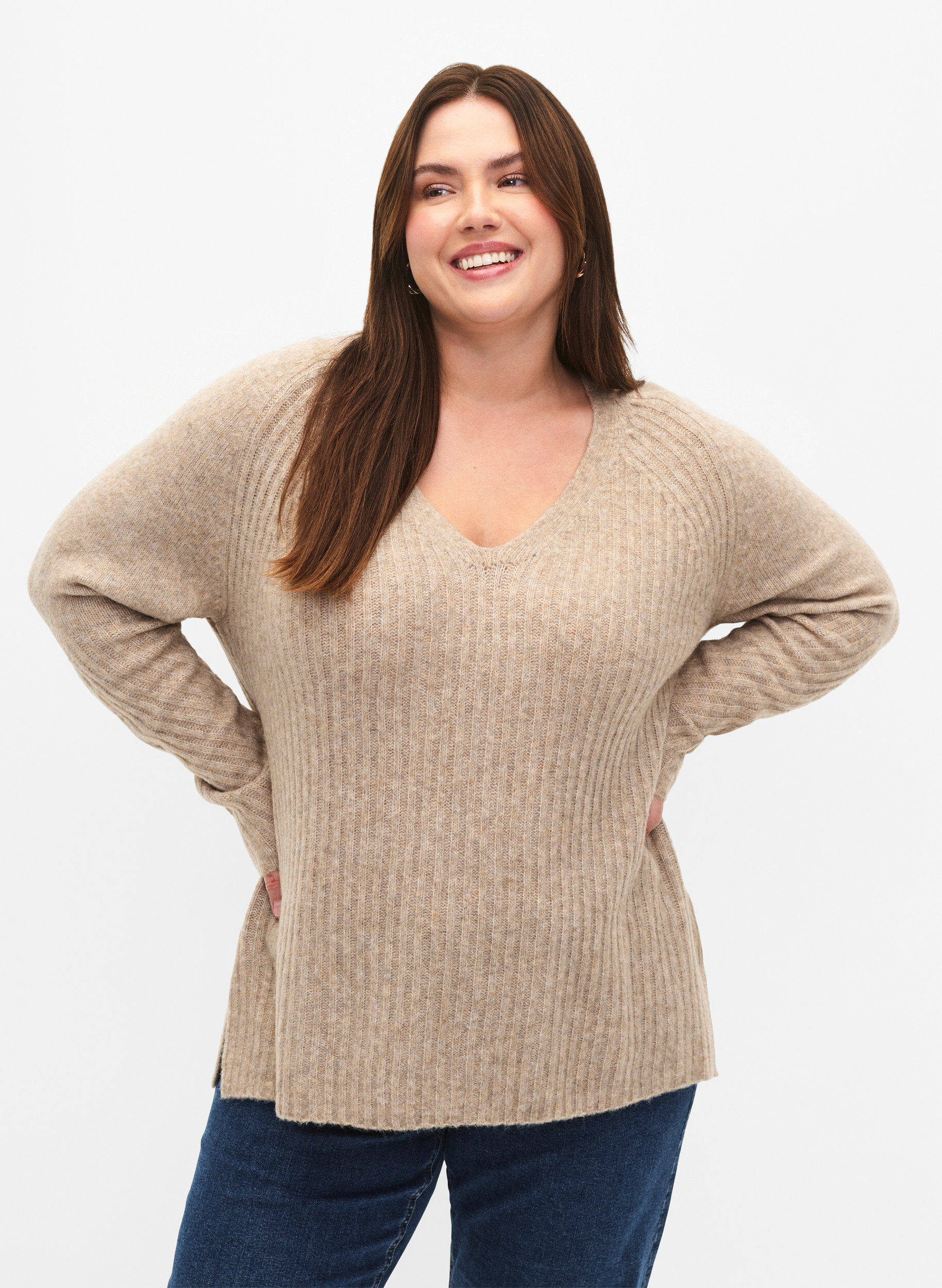 ZizziStrickpullover mit Schlitz, Simply Taupe Mel., Model image number 0