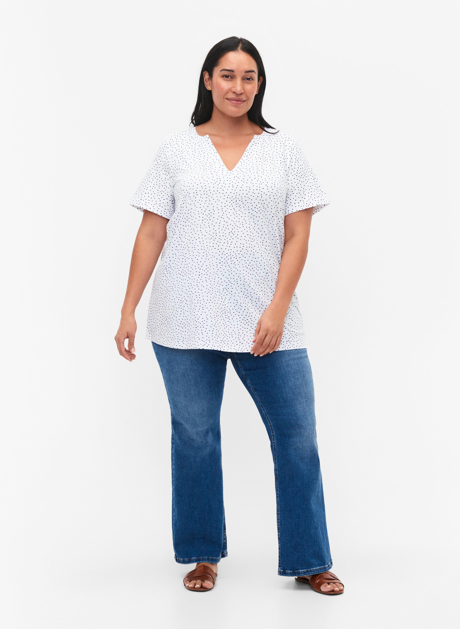 ZizziBaumwoll-T-Shirt mit Punkten und V-Ausschnitt, B.White/Black Dot, Model image number 2