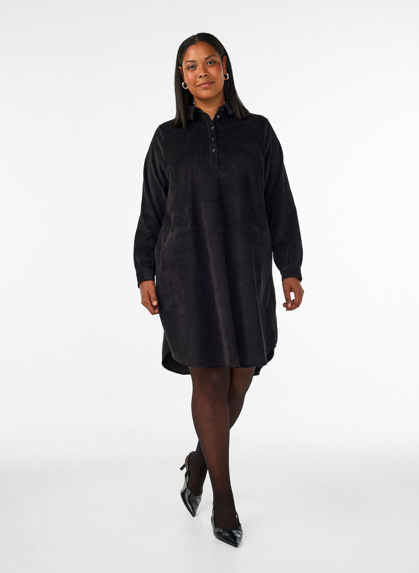 Hemdblusenkleid aus Cord mit Kragen und Knopfleiste, Schwarz, Model image number 1