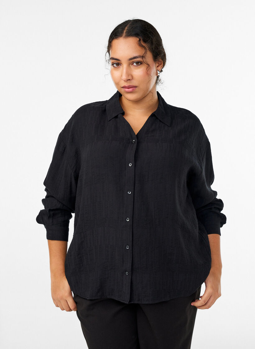 Lockere Bluse mit Struktur und V-Ausschnitt, Schwarz, Model image number 0
