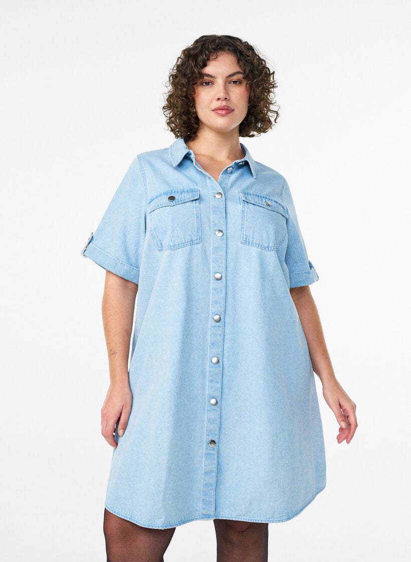 Denimkleid mit kurzen &Auml;rmeln und Kn&ouml;pfen, Blau, Model image number 0