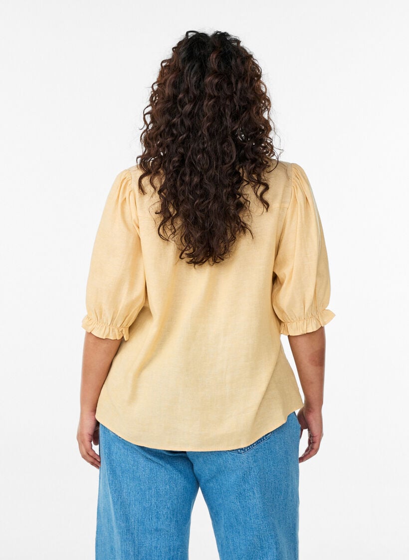Bluse aus Leinen und Viskose mit 1/2-&Auml;rmeln, Gelb, Model image number 2