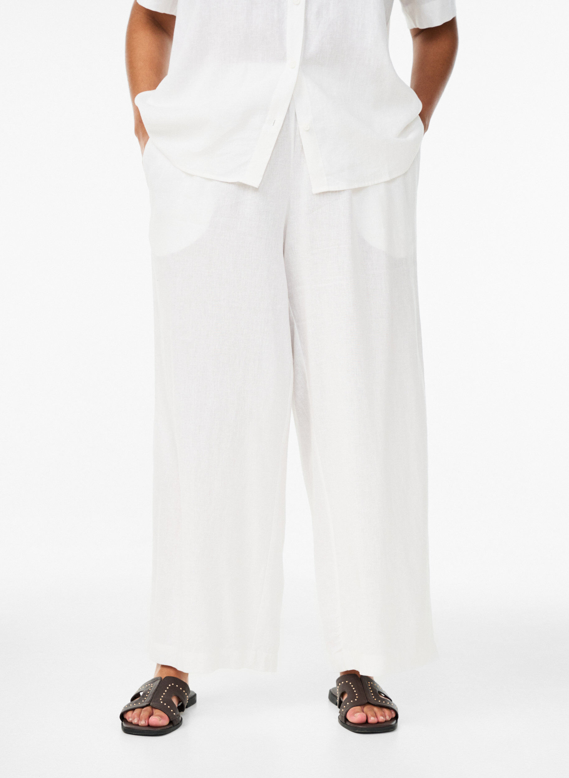 ZizziHose aus Leinen und Viskose mit weitem Bein, Wei&szlig;, Model image number 2